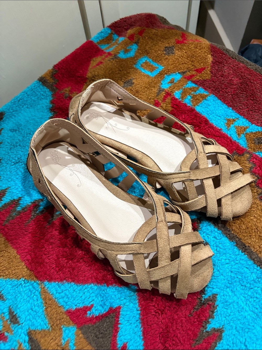 Women's Tan Woven Peep-Toe Flats